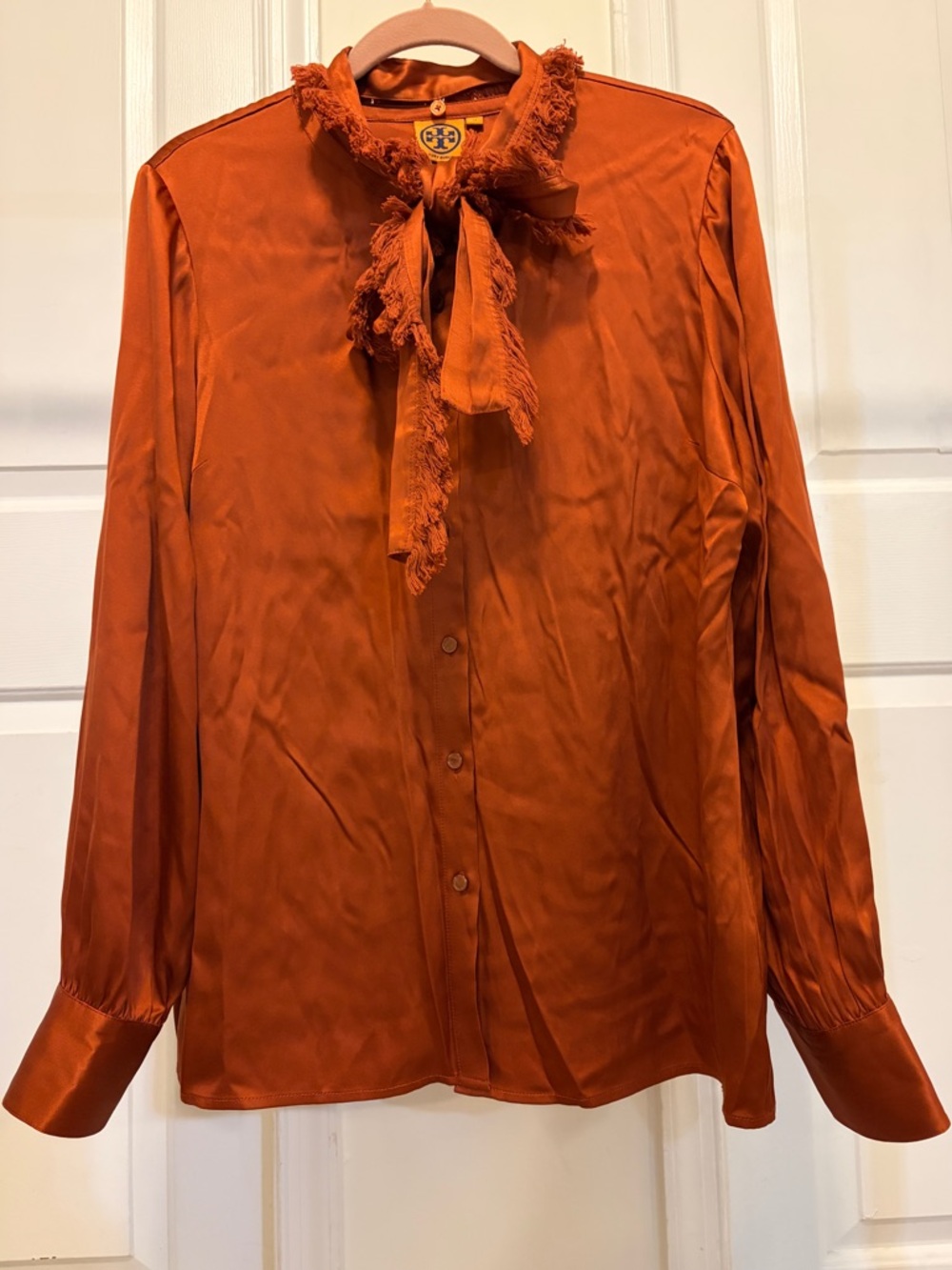 Tory Burch silk blouse with detachable fringe tie. Size: Women’s 14
